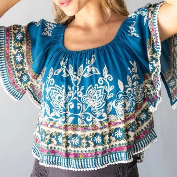 Natural Life SABRINA Cropped Top Shirt Womens Small Blue Floral Boho Beach - Picture 12 of 12